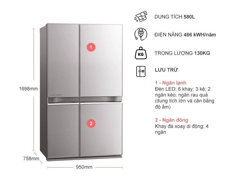 Tủ Lạnh Mitsubishi Inverter 365 lít MR-CGX46EN-GBR-V - Chính hãng